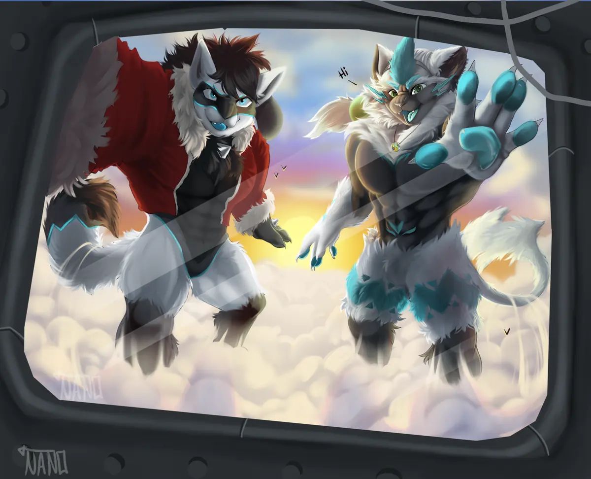 NSFW fullcolor illustration, two characters in the sky