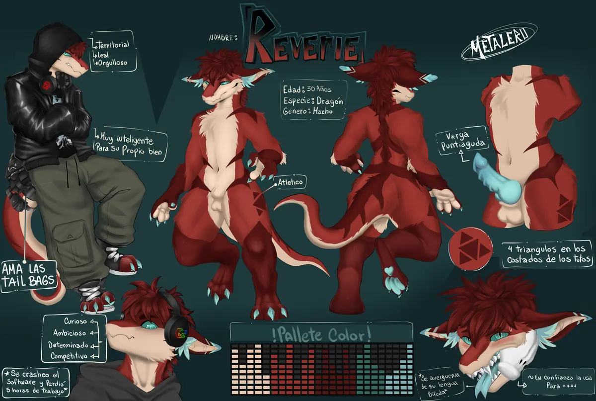 Character reference sheet with turnaround views, palette and annotations