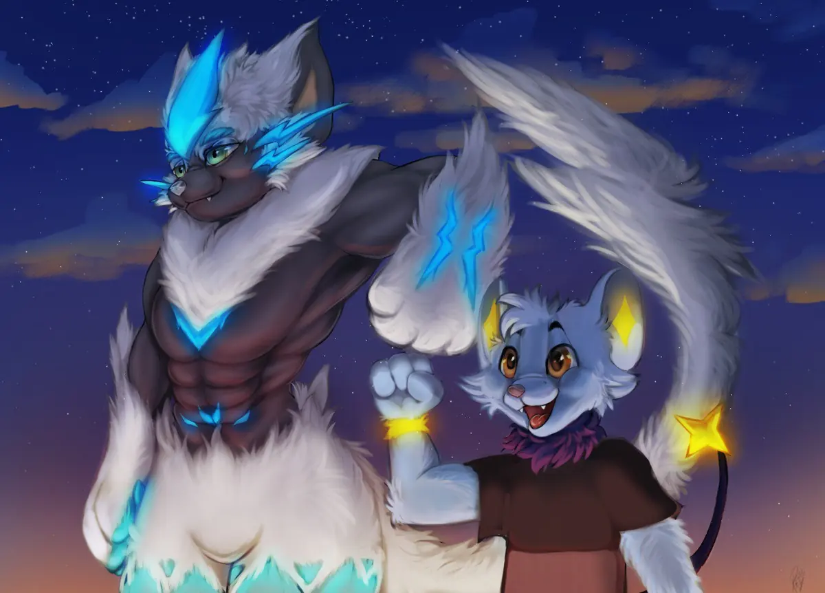 Two characters together in a bright scene